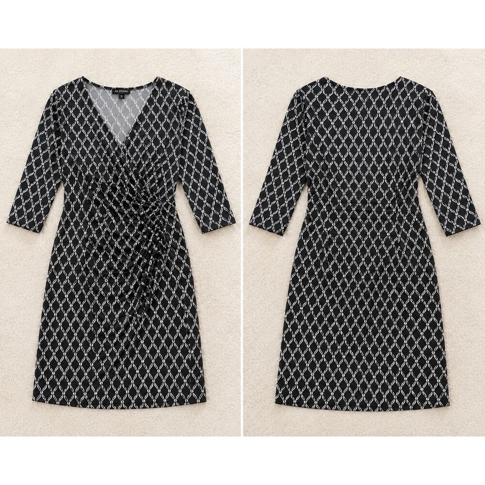 AA Studio Size 16 Black White Geometric Faux Wrap Dress 3/4 Sleeve Ruched - Picture 2 of 8